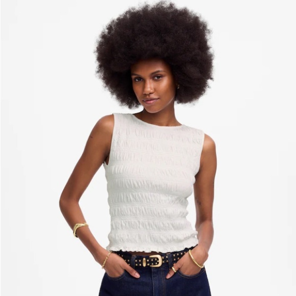 Madewell NWT Smocked Boatneck Tank w/Ruffled Hem in White Size XS
